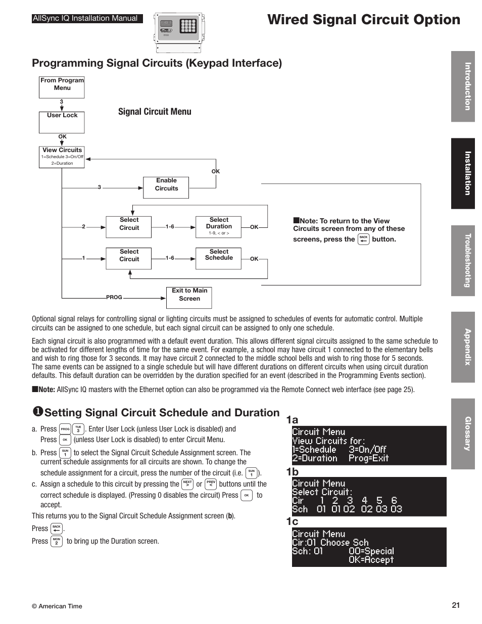 Wired signal circuit option, Programming signal circuits (keypad interface), Setting signal circuit schedule and duration | 1c 1b 1a, Signal circuit menu | American Time AllSync IQ User Manual | Page 21 / 57