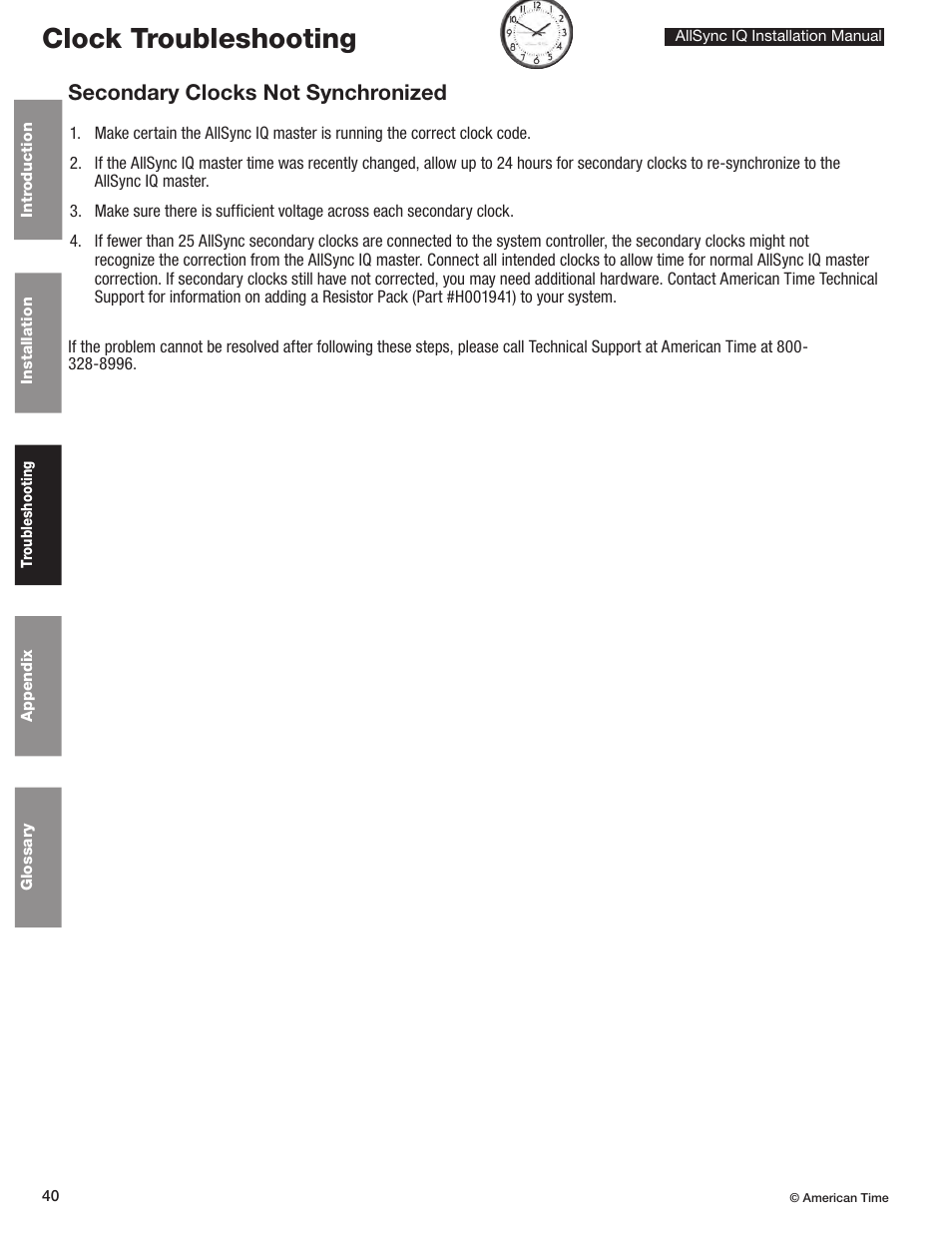 Clock troubleshooting, Secondary clocks not synchronized | American Time AllSync IQ User Manual | Page 40 / 57