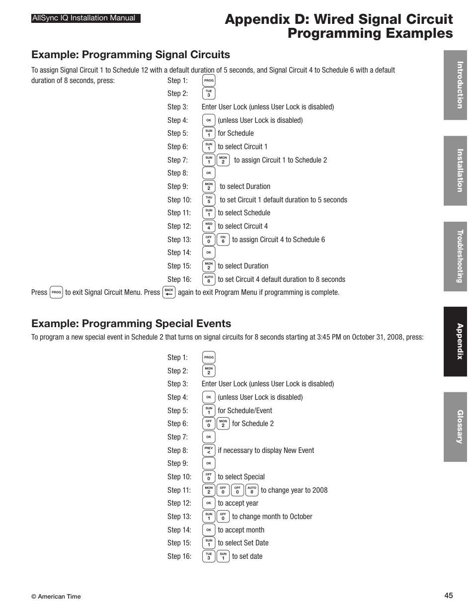 Example: programming signal circuits, Example: programming special events | American Time AllSync IQ User Manual | Page 45 / 57