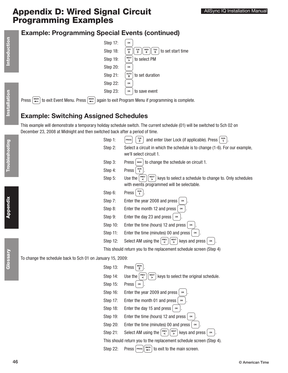 Example: switching assigned schedules, Example: programming special events (continued) | American Time AllSync IQ User Manual | Page 46 / 57