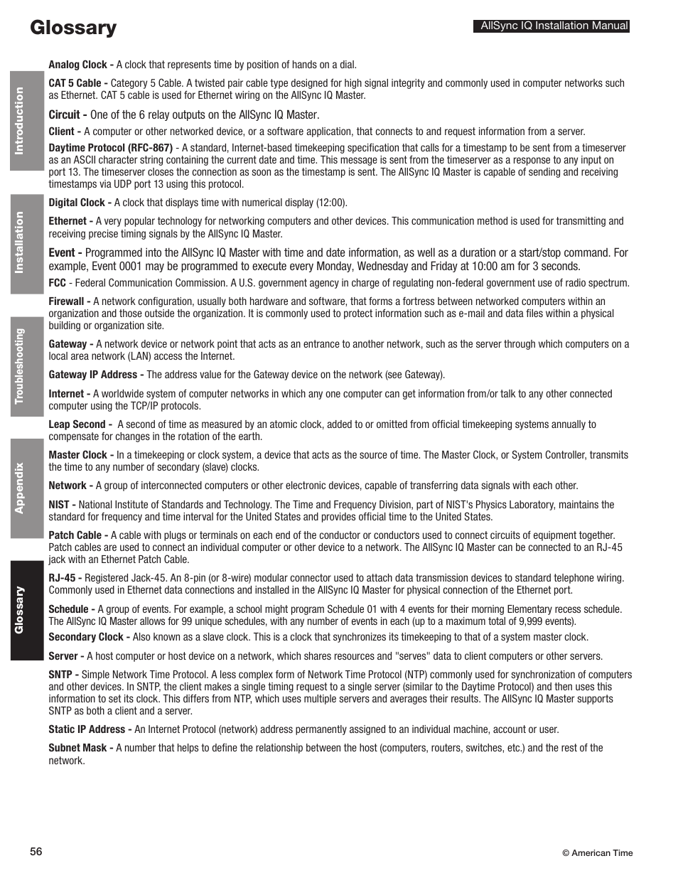 Glossary | American Time AllSync IQ User Manual | Page 56 / 57