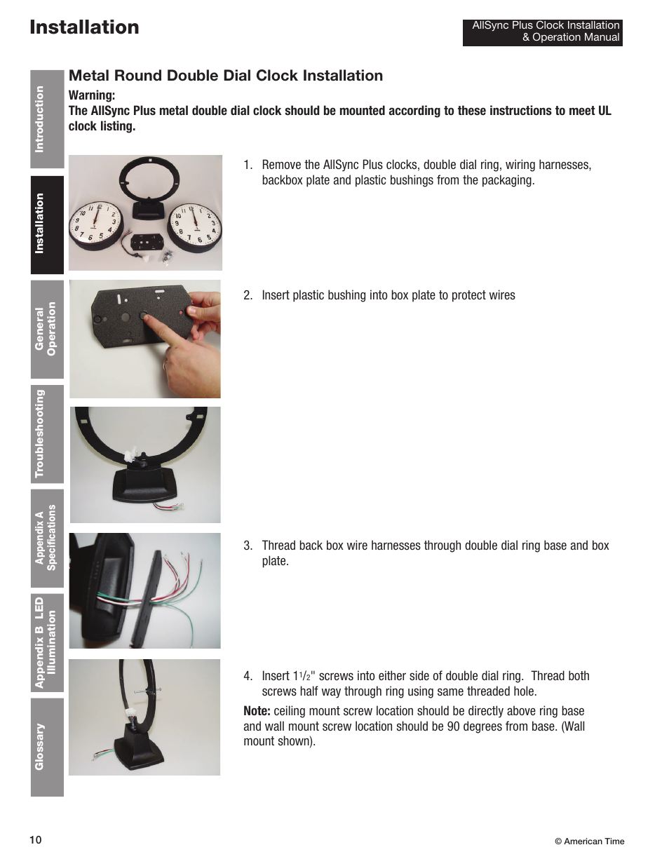 Installation, Metal round double dial clock installation | American Time AllSync Plus User Manual | Page 10 / 34