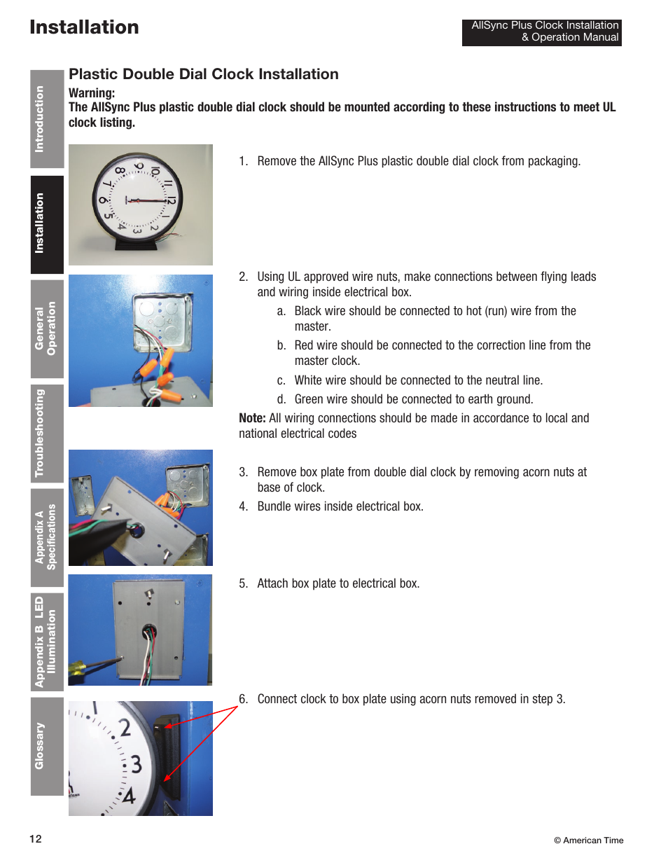 Installation, Plastic double dial clock installation | American Time AllSync Plus User Manual | Page 12 / 34