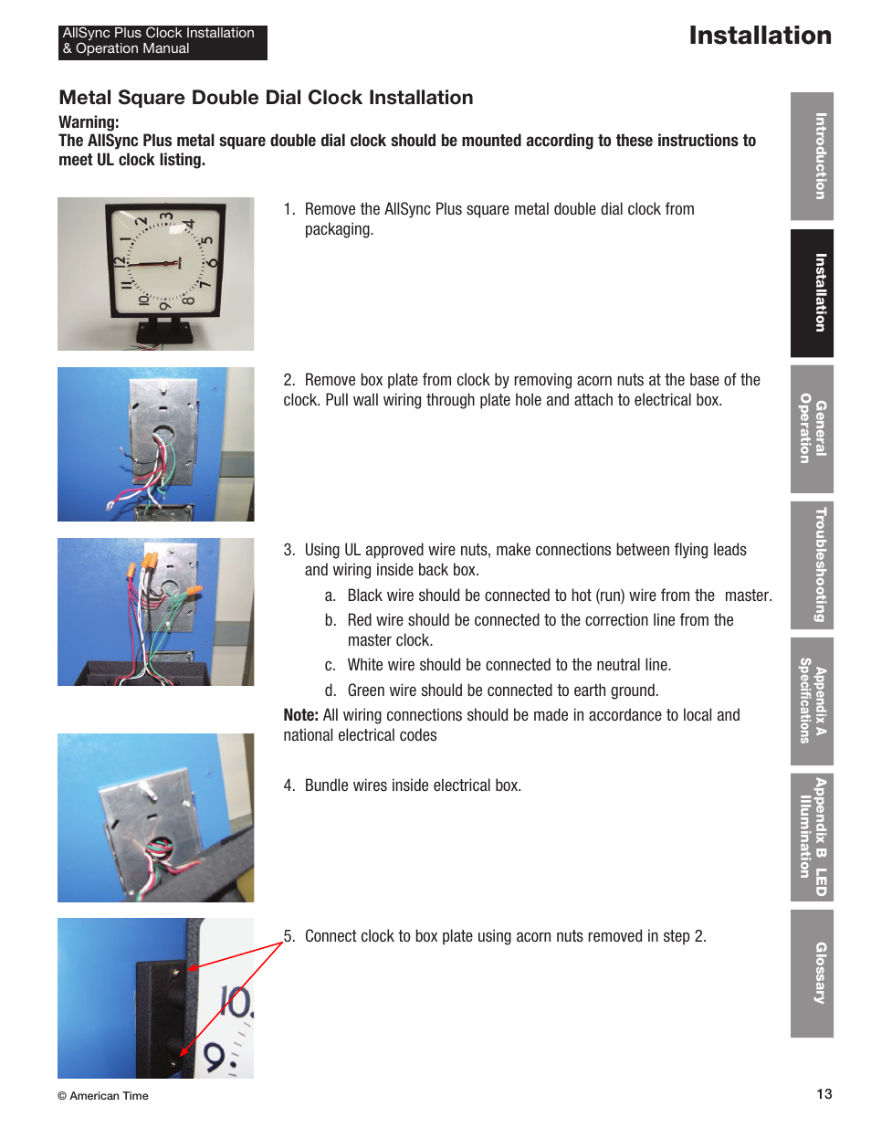Installation, Metal square double dial clock installation | American Time AllSync Plus User Manual | Page 13 / 34