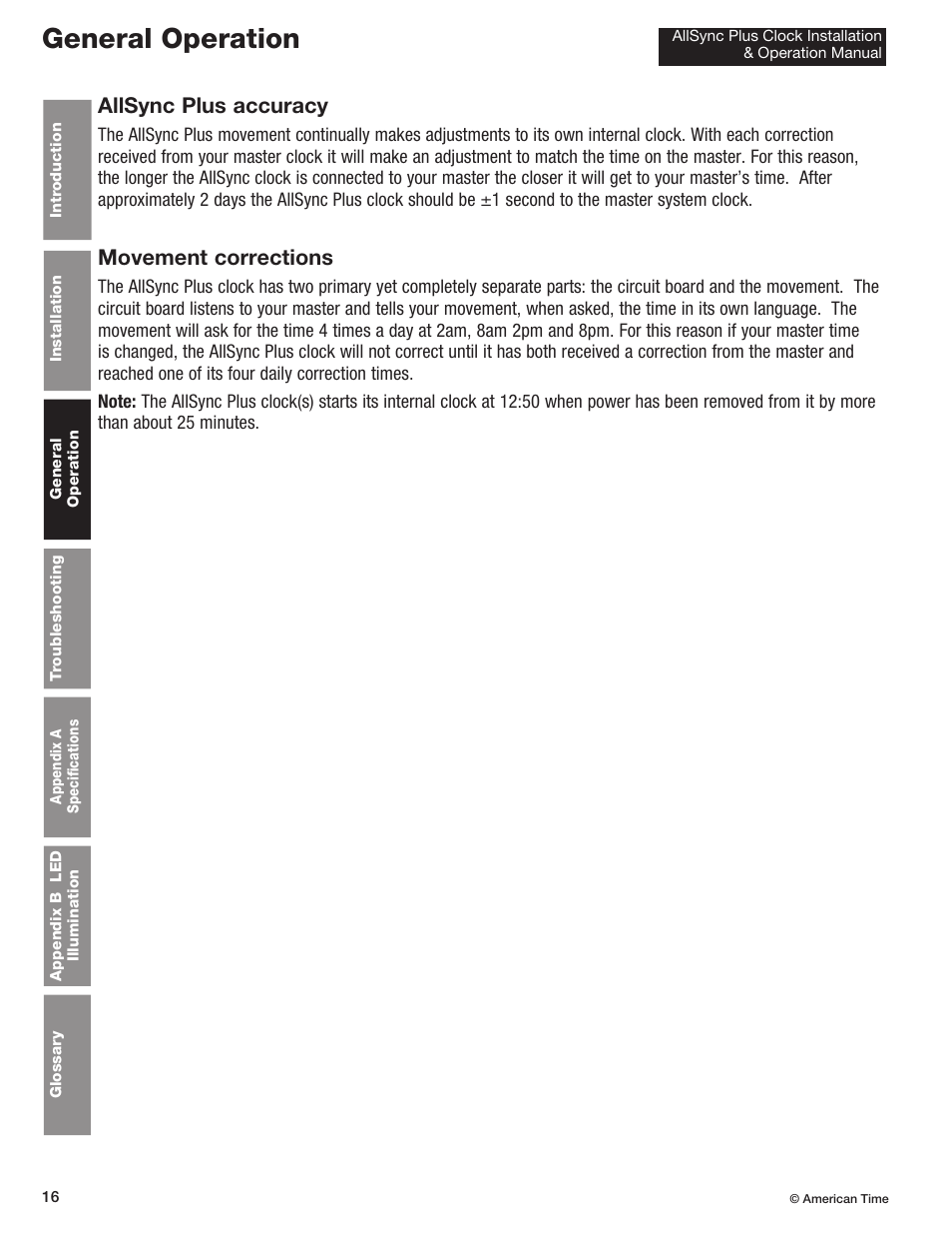 General operation, Allsync plus accuracy, Movement corrections | American Time AllSync Plus User Manual | Page 16 / 34