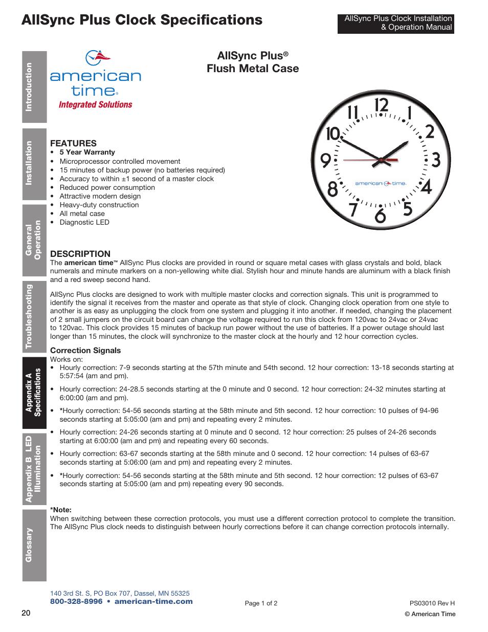 Allsync plus clock specifications, Allsync plus, Flush metal case | American Time AllSync Plus User Manual | Page 20 / 34