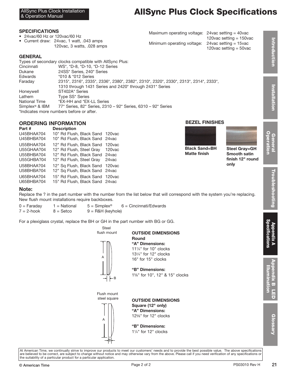 Allsync plus clock specifications, Ordering information | American Time AllSync Plus User Manual | Page 21 / 34