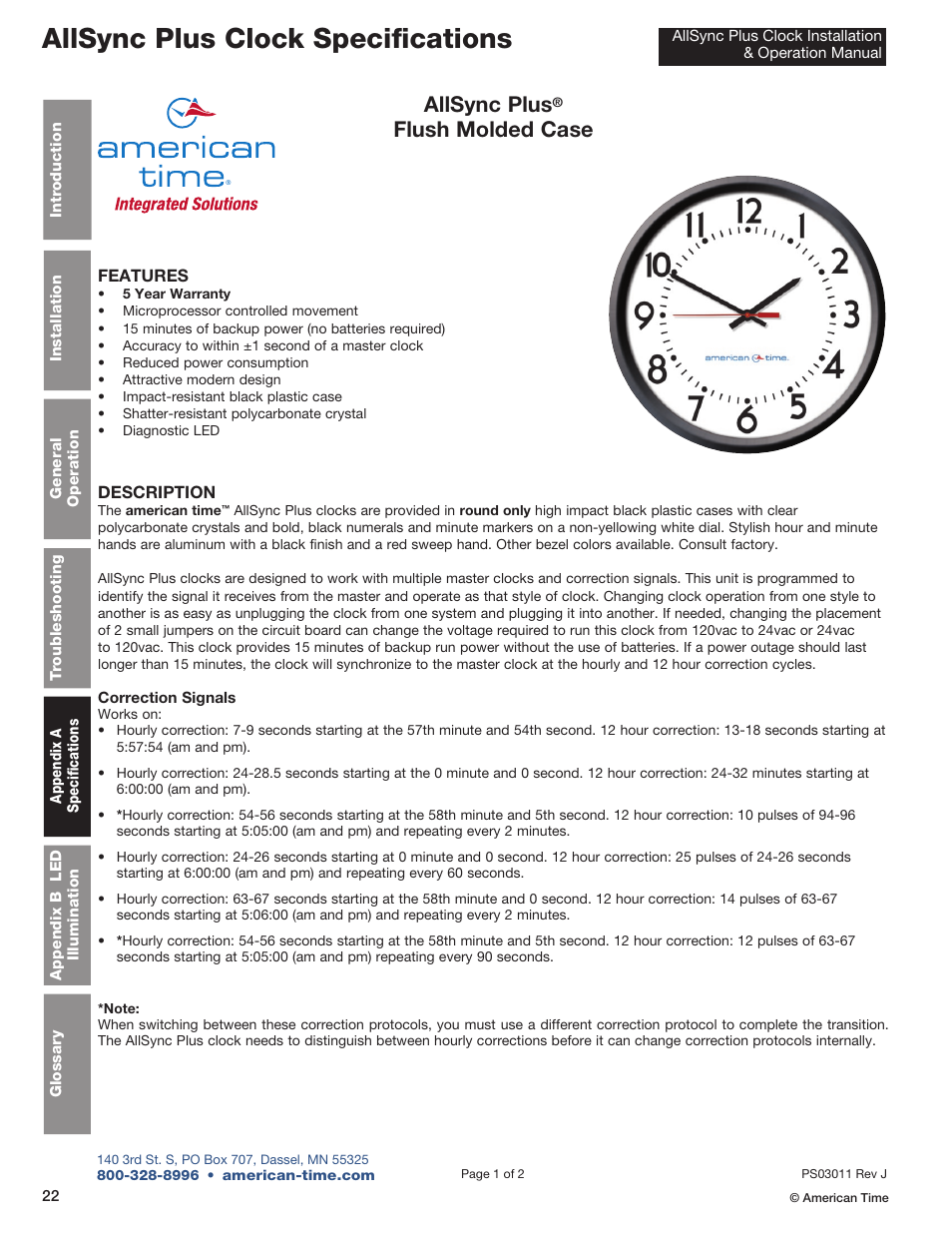 Allsync plus clock specifications, Allsync plus, Flush molded case | American Time AllSync Plus User Manual | Page 22 / 34