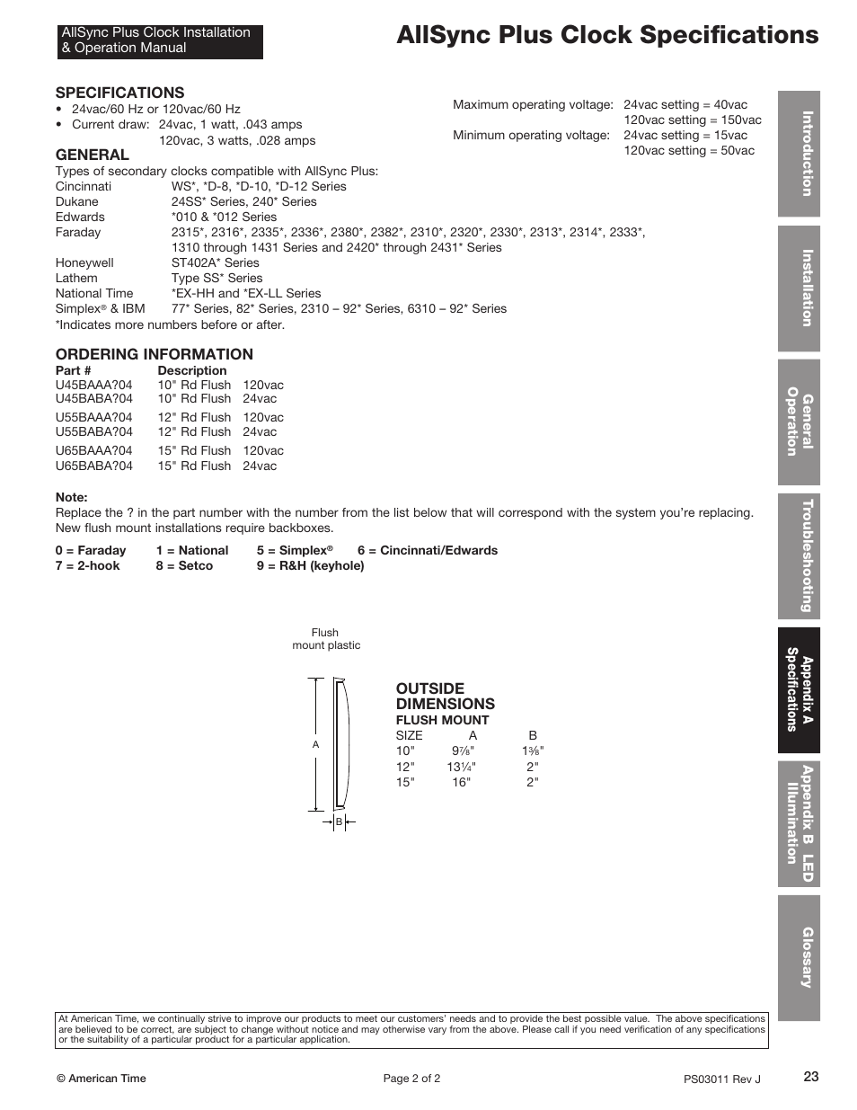 Allsync plus clock specifications, Specifications, General | Ordering information, Outside dimensions | American Time AllSync Plus User Manual | Page 23 / 34