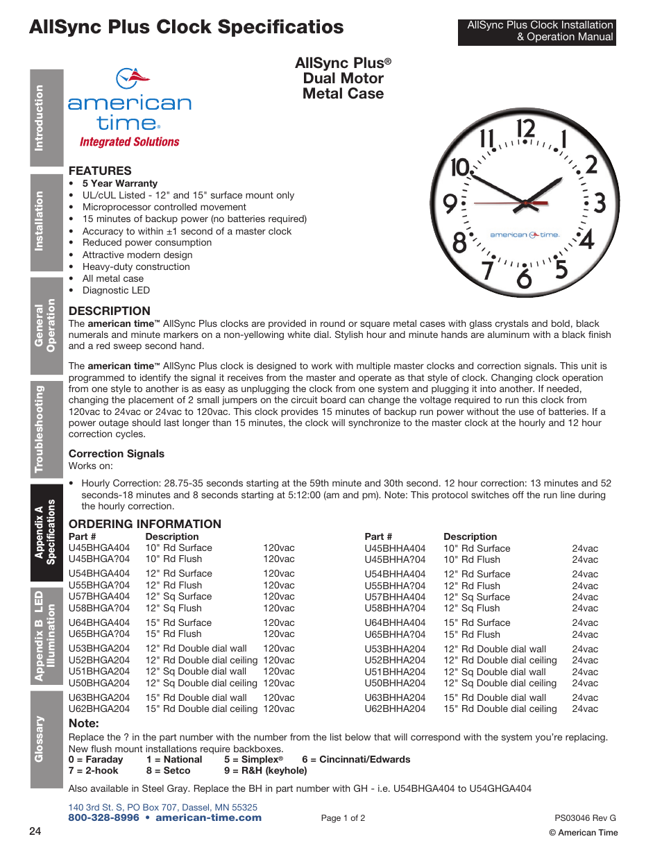 Allsync plus clock specificatios, Allsync plus, Dual motor metal case | American Time AllSync Plus User Manual | Page 24 / 34