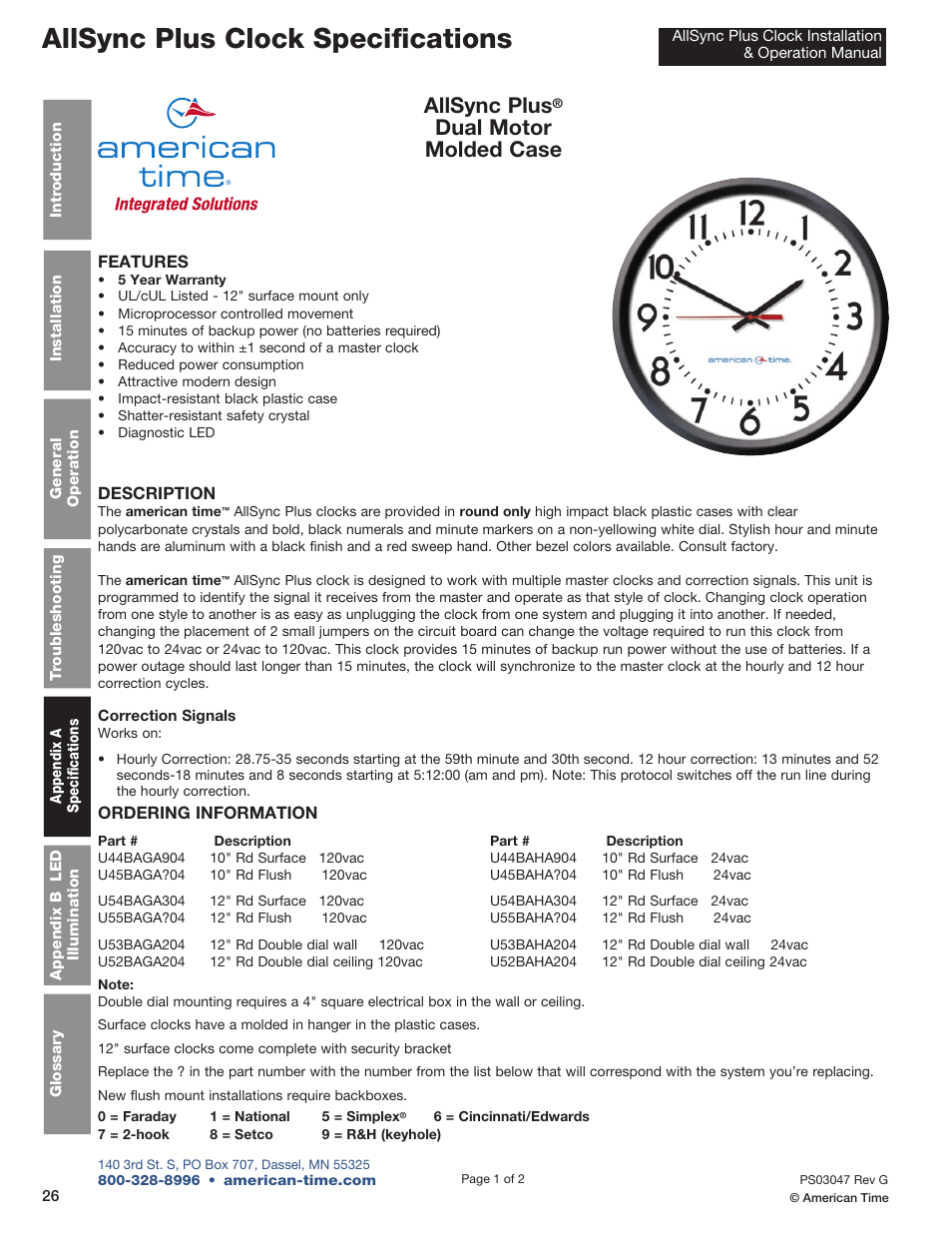 Allsync plus clock specifications, Allsync plus, Dual motor molded case | American Time AllSync Plus User Manual | Page 26 / 34