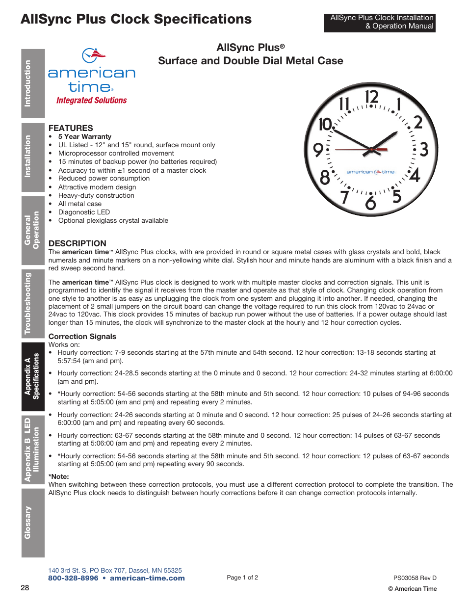 Allsync plus clock specifications, Allsync plus, Surface and double dial metal case | American Time AllSync Plus User Manual | Page 28 / 34