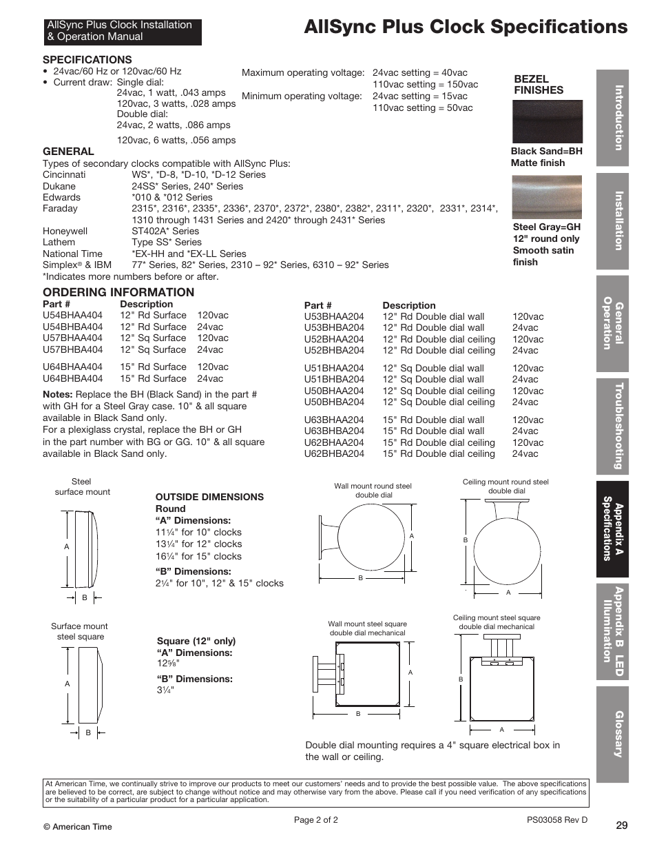 Allsync plus clock specifications, Ordering information | American Time AllSync Plus User Manual | Page 29 / 34