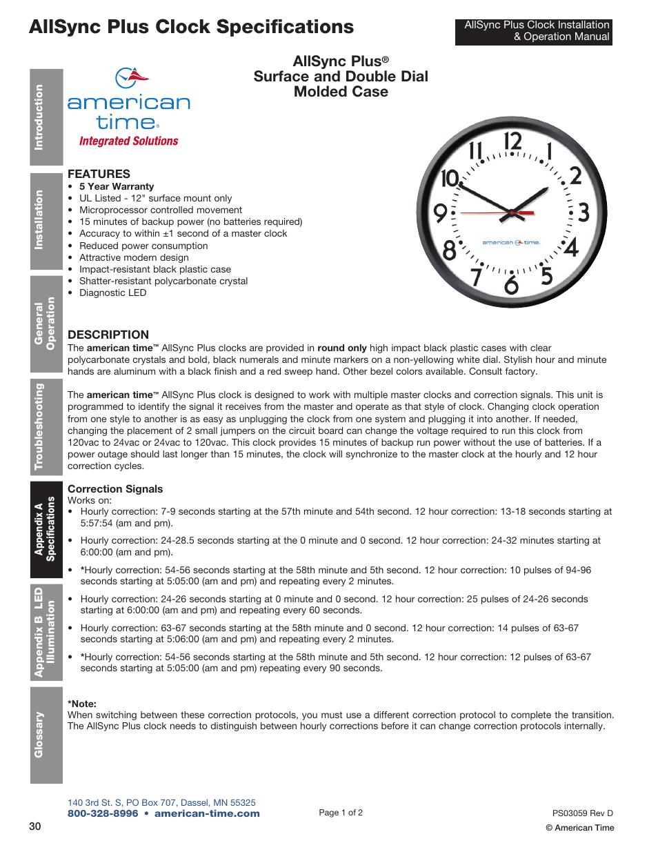 Allsync plus clock specifications, Allsync plus, Surface and double dial molded case | American Time AllSync Plus User Manual | Page 30 / 34