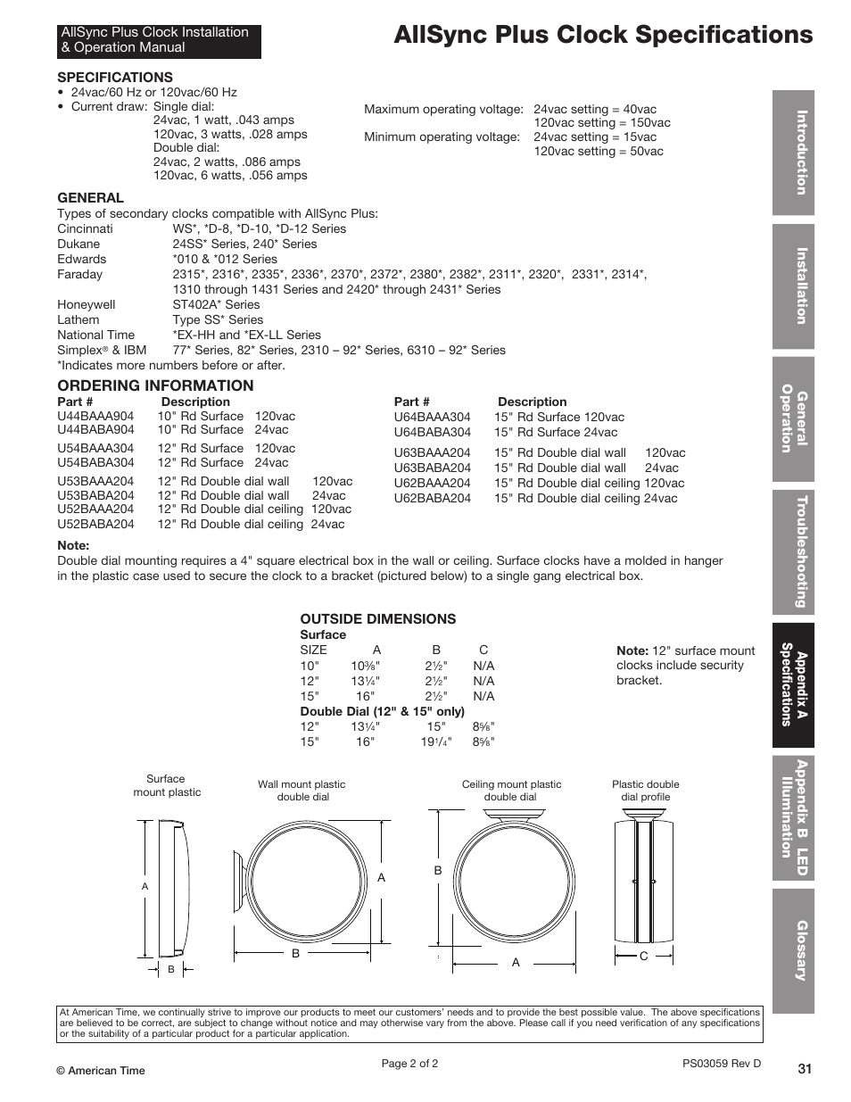 Allsync plus clock specifications, Ordering information | American Time AllSync Plus User Manual | Page 31 / 34