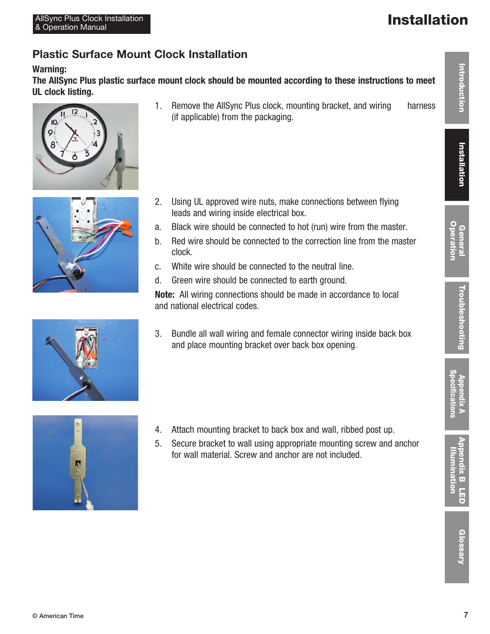 Installation, Plastic surface mount clock installation | American Time AllSync Plus User Manual | Page 7 / 34