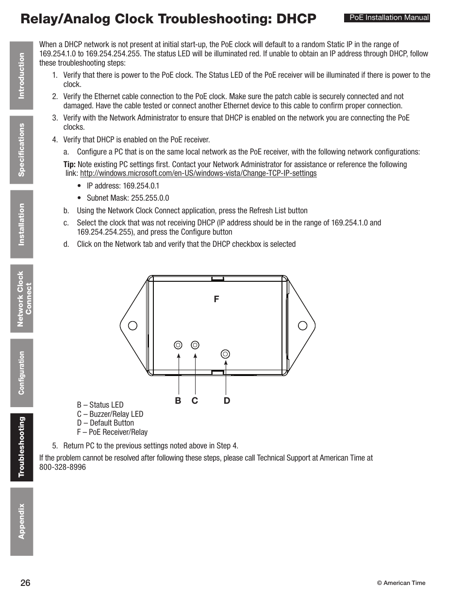 Relay/analog clock troubleshooting: dhcp | American Time PoE User Manual | Page 26 / 34