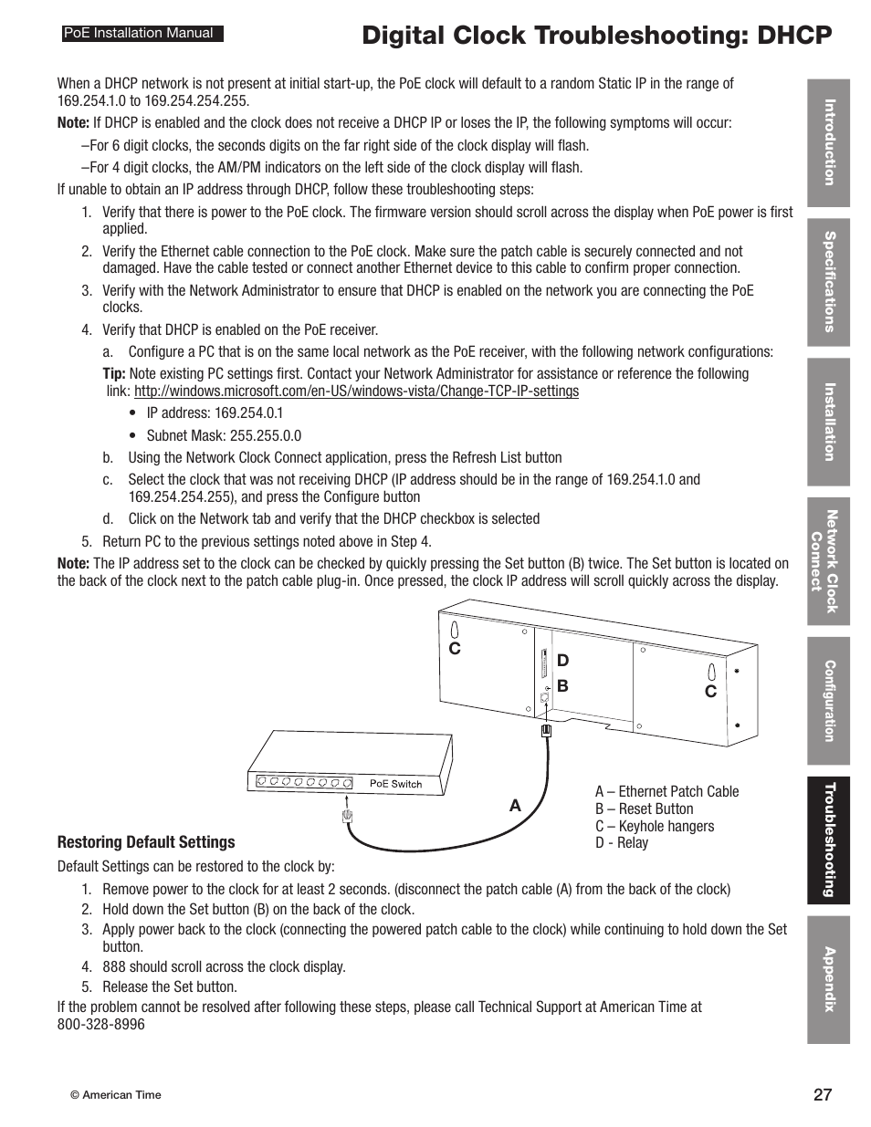 Digital clock troubleshooting: dhcp | American Time PoE User Manual | Page 27 / 34