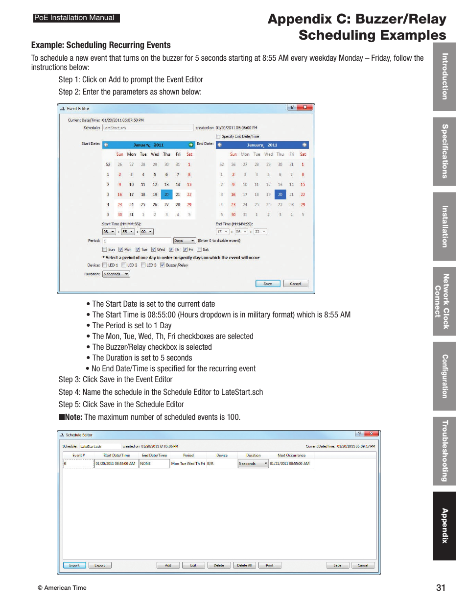 Appendix c: buzzer/relay scheduling examples | American Time PoE User Manual | Page 31 / 34