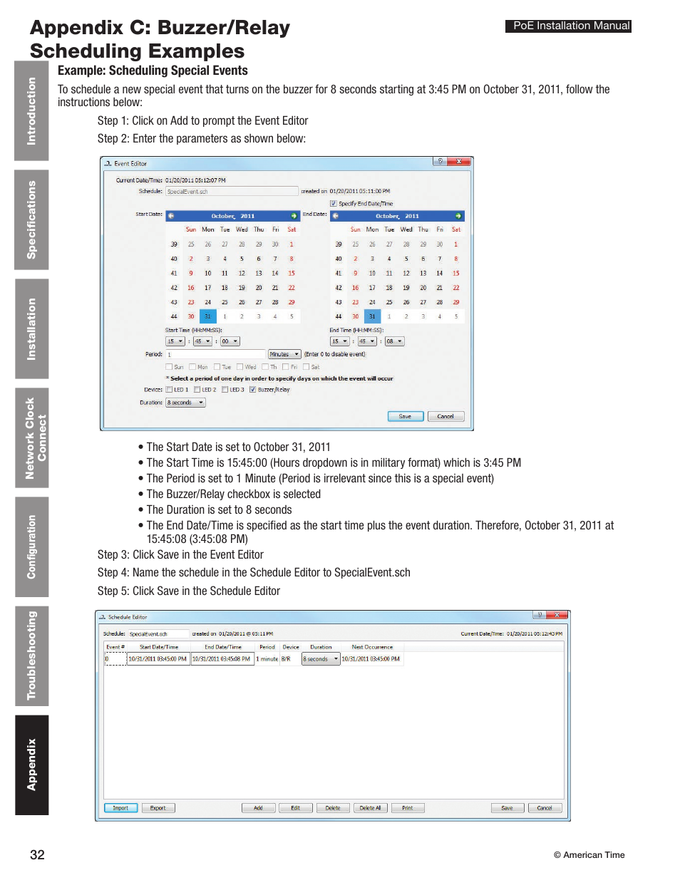 Appendix c: buzzer/relay scheduling examples | American Time PoE User Manual | Page 32 / 34