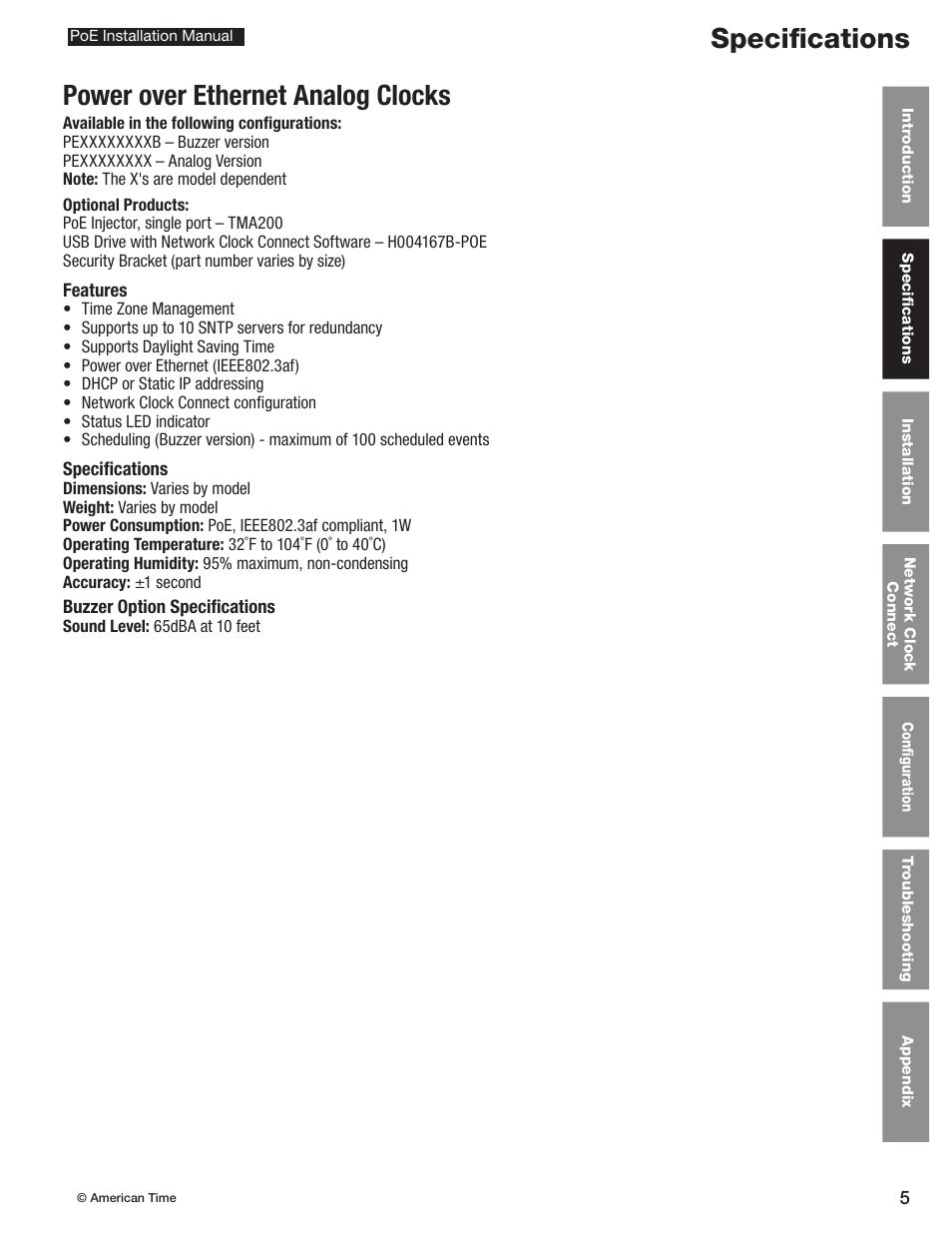 Specifications power over ethernet analog clocks | American Time PoE User Manual | Page 5 / 34