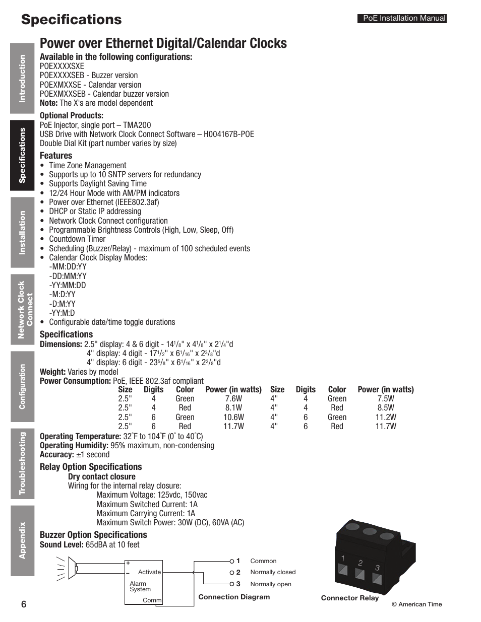 Specifications, Power over ethernet digital/calendar clocks | American Time PoE User Manual | Page 6 / 34