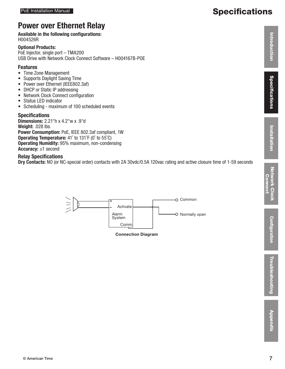 Specifications, Power over ethernet relay | American Time PoE User Manual | Page 7 / 34