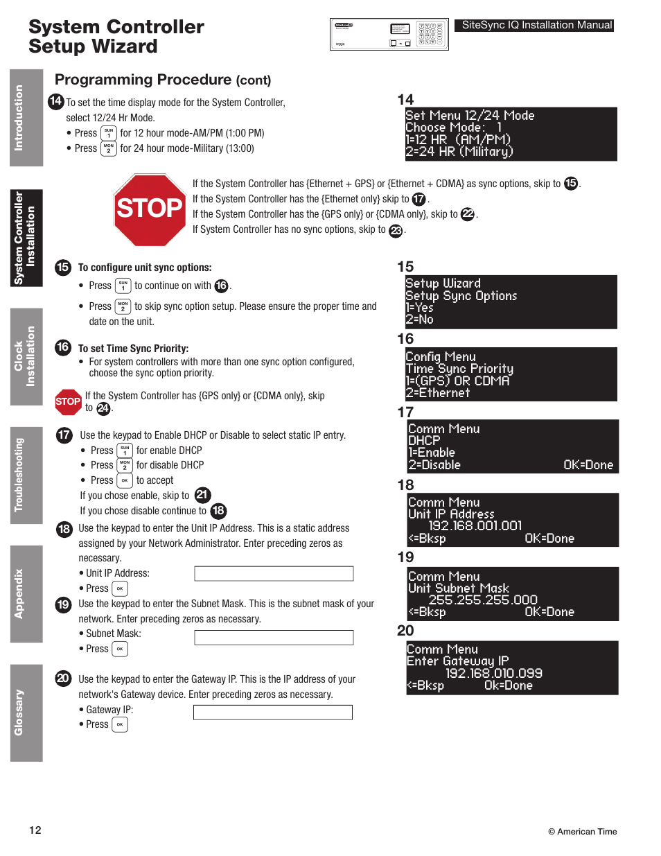 Stop, System controller setup wizard, Programming procedure | American Time SiteSync IQ User Manual | Page 12 / 81