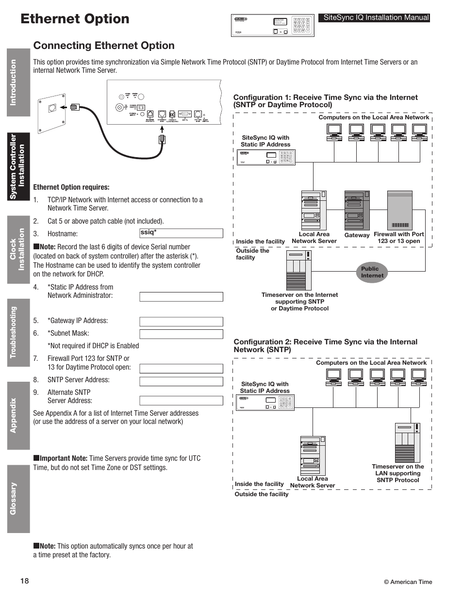 Ethernet installation & programming, Ethernet option, Connecting ethernet option | American Time SiteSync IQ User Manual | Page 18 / 81