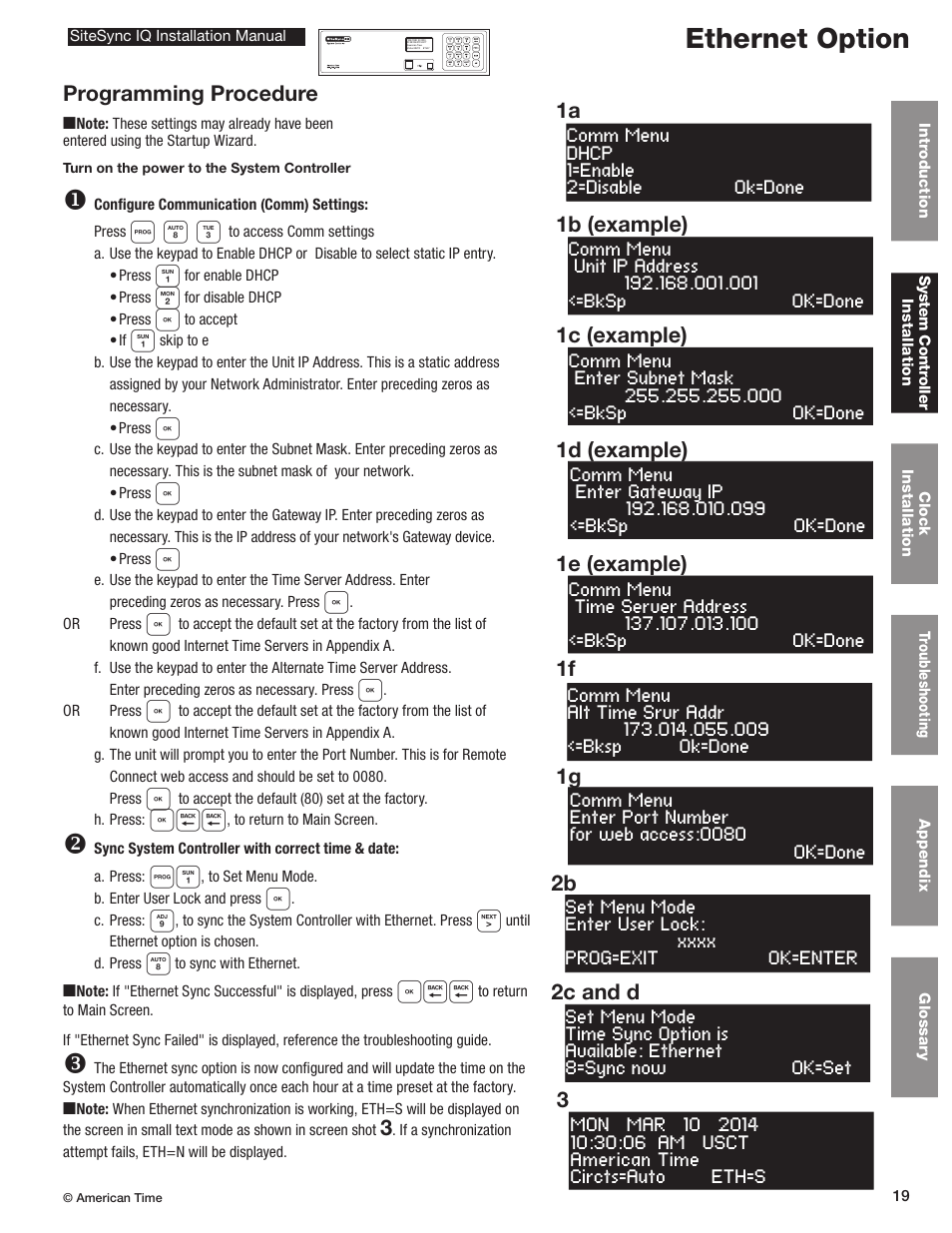 Ethernet option, Programming procedure, 2b 2c and d | American Time SiteSync IQ User Manual | Page 19 / 81