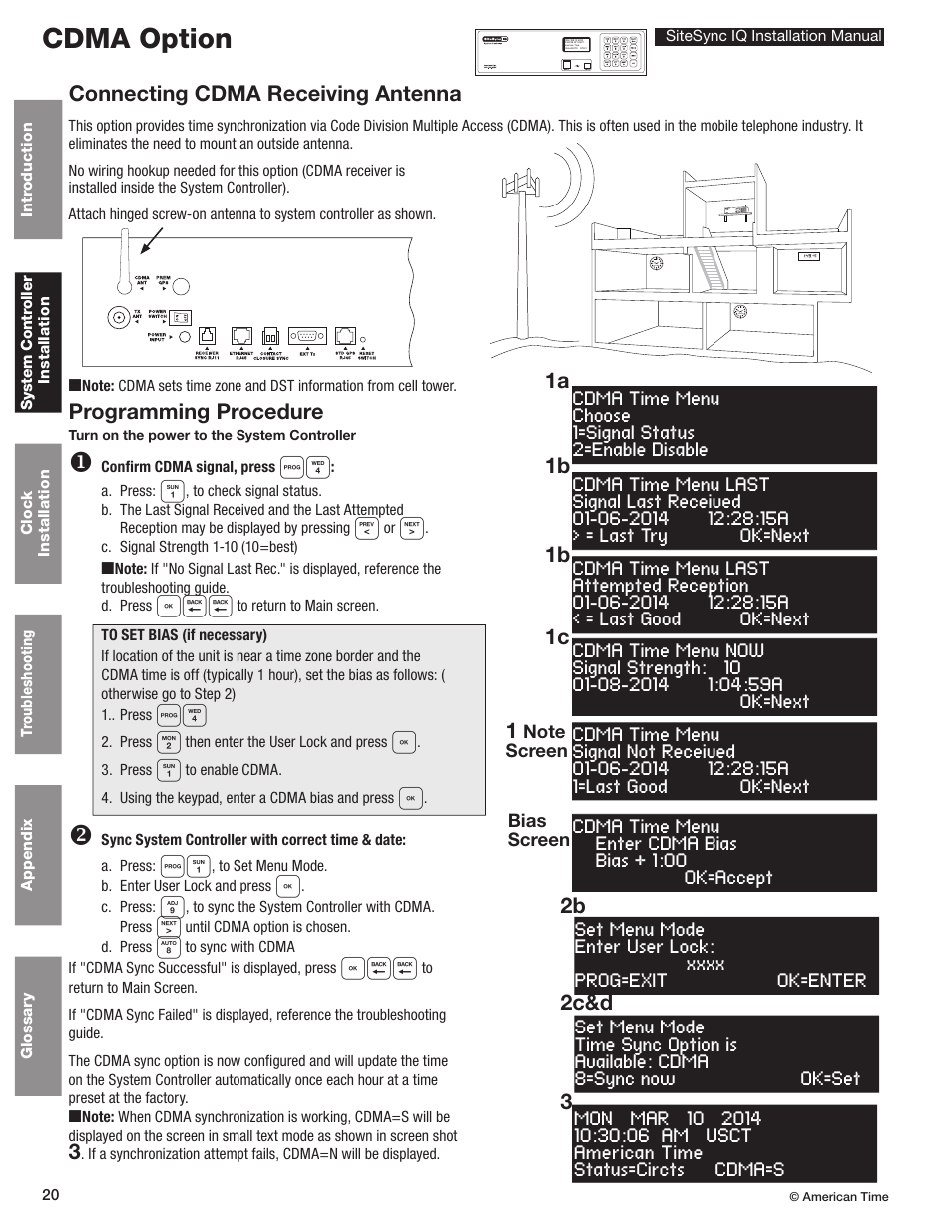 Cdma installation & programming, Cdma option, Programming procedure | 1b 1c 1, 1a connecting cdma receiving antenna, 2b 2c&d | American Time SiteSync IQ User Manual | Page 20 / 81