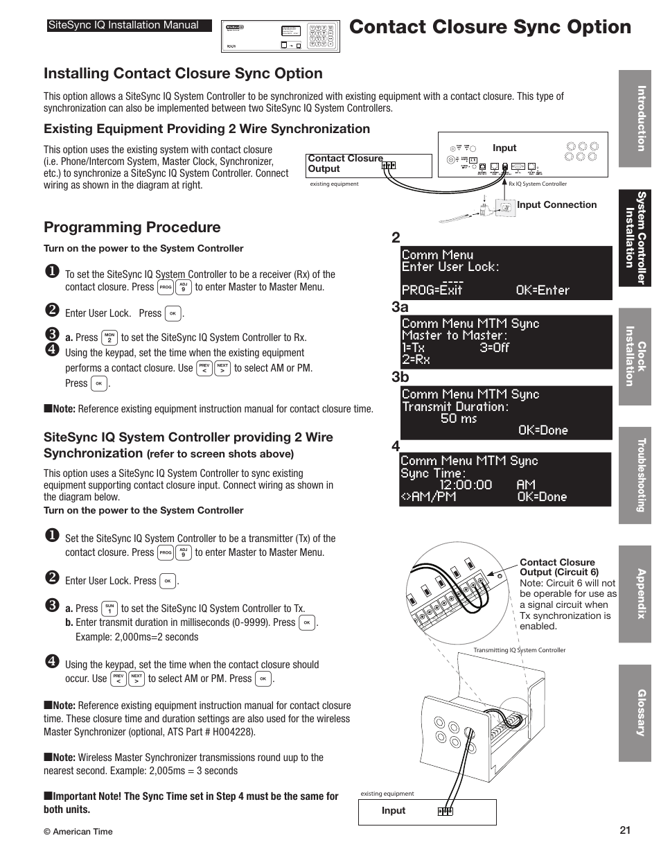 Contact closure sync installation & programming, Contact closure sync option, 43a 3b 2 | Installing contact closure sync option, Programming procedure | American Time SiteSync IQ User Manual | Page 21 / 81