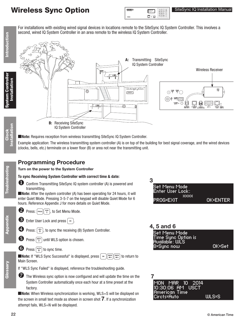 Wireless sync installation & programming, Wireless sync option, Programming procedure | 34, 5 and 6 | American Time SiteSync IQ User Manual | Page 22 / 81