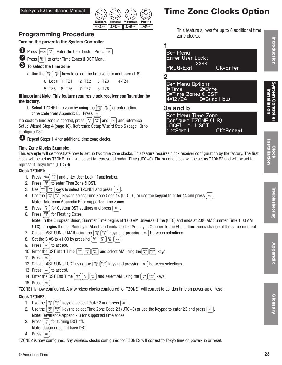 Multiple time zone clock programming, Time zone clocks option, 3a and b 2 1 programming procedure | American Time SiteSync IQ User Manual | Page 23 / 81