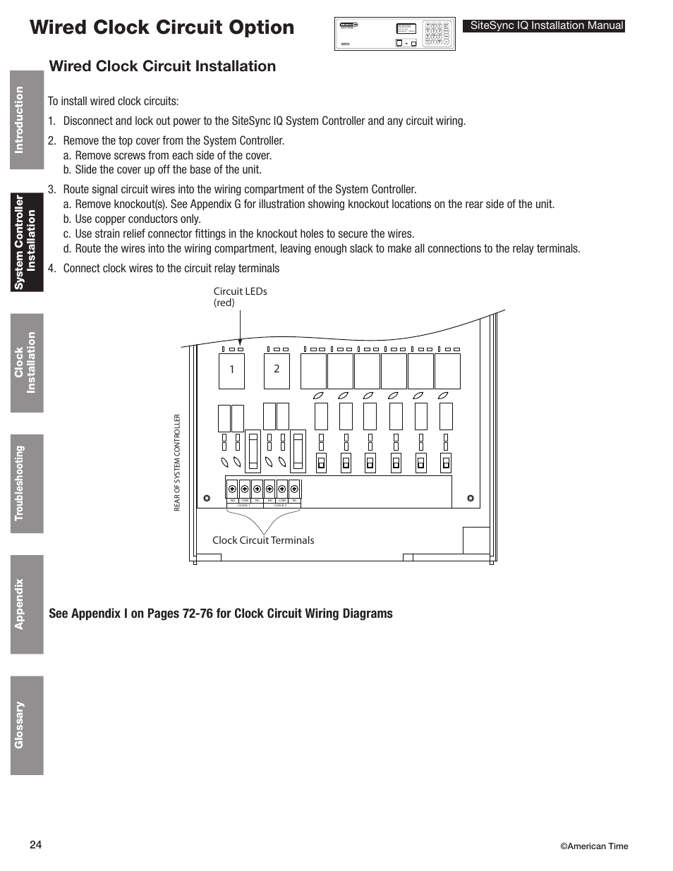 Wired clock circuit option, Wired clock circuit installation | American Time SiteSync IQ User Manual | Page 24 / 81