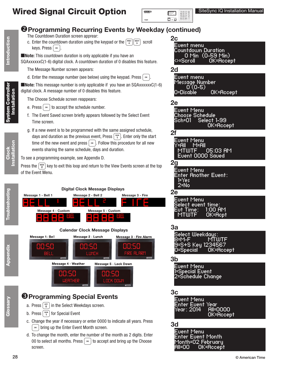 Wired signal circuit option, 2d 2c, 2e 2g 2f 2e | 3d 3c 3a, Programming special events | American Time SiteSync IQ User Manual | Page 28 / 81