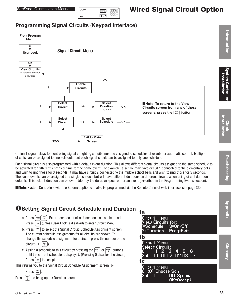 Wired signal circuit option, Programming signal circuits (keypad interface), Setting signal circuit schedule and duration | 1c 1b 1a, Signal circuit menu | American Time SiteSync IQ User Manual | Page 33 / 81