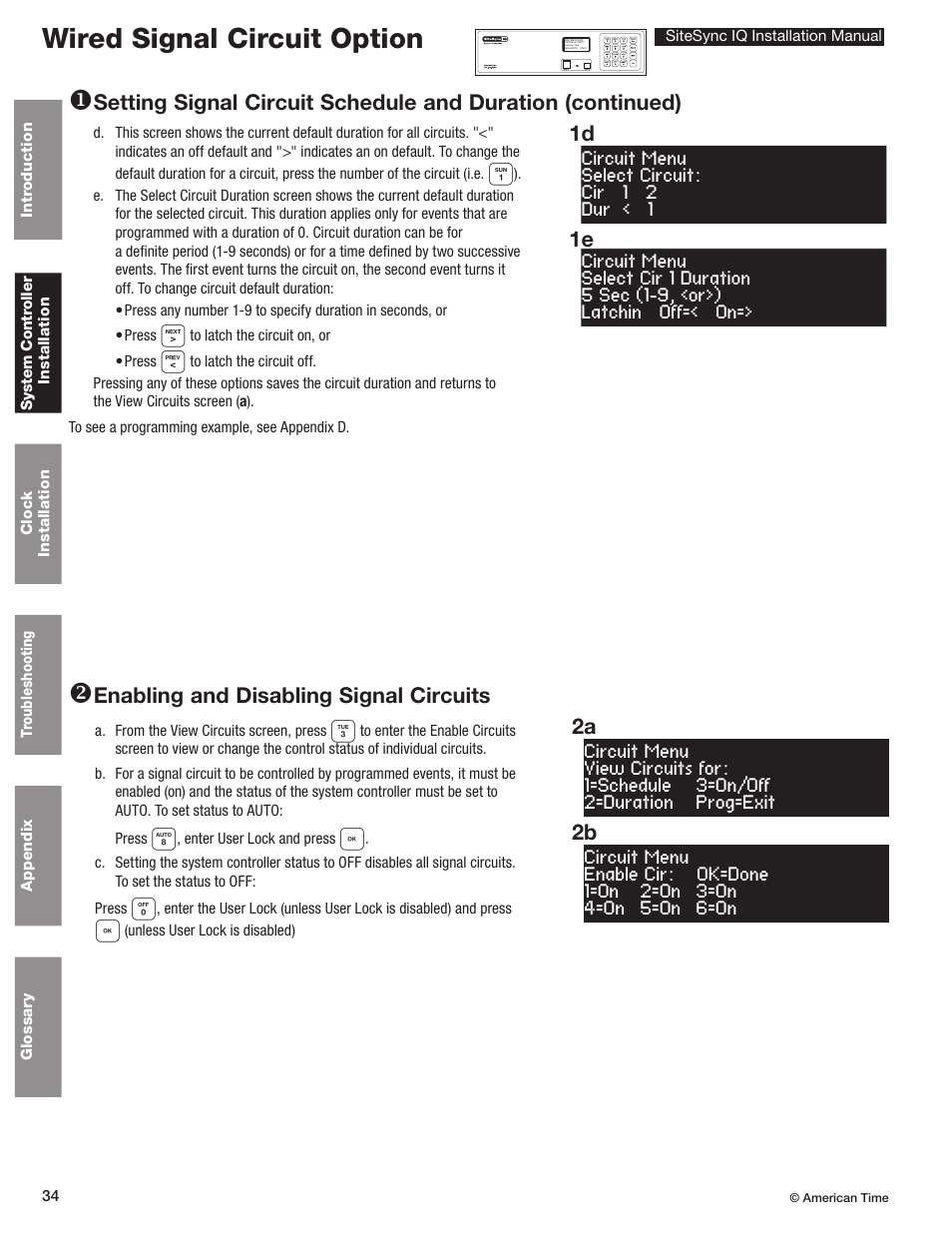 Wired signal circuit option v, Enabling and disabling signal circuits, 1e 1d | 2b 2a | American Time SiteSync IQ User Manual | Page 34 / 81