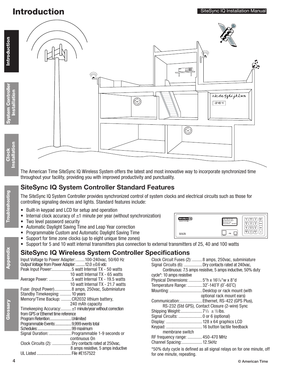 Introduction, System controller specifications, Sitesync iq system controller standard features | American Time SiteSync IQ User Manual | Page 4 / 81