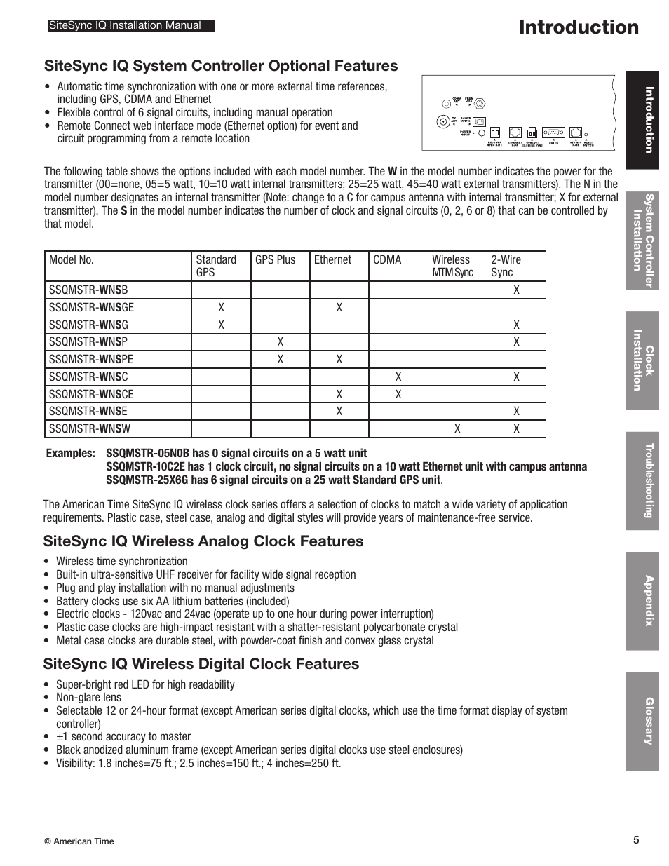 Introduction, Sitesync iq wireless analog clock features, Sitesync iq wireless digital clock features | Sitesync iq system controller optional features | American Time SiteSync IQ User Manual | Page 5 / 81