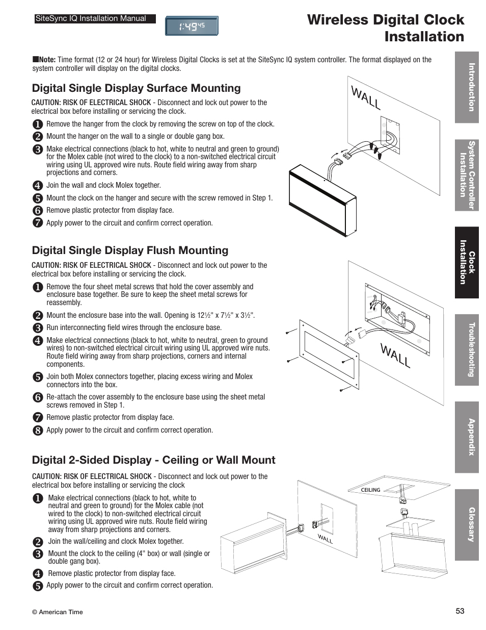 Wireless digital clock installation, Digital single display flush mounting | American Time SiteSync IQ User Manual | Page 53 / 81