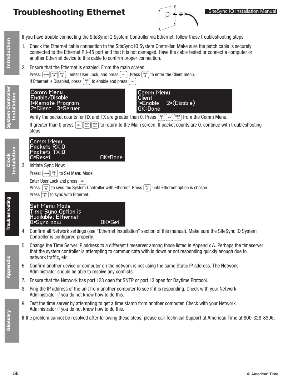 Ethernet, Troubleshooting ethernet | American Time SiteSync IQ User Manual | Page 56 / 81