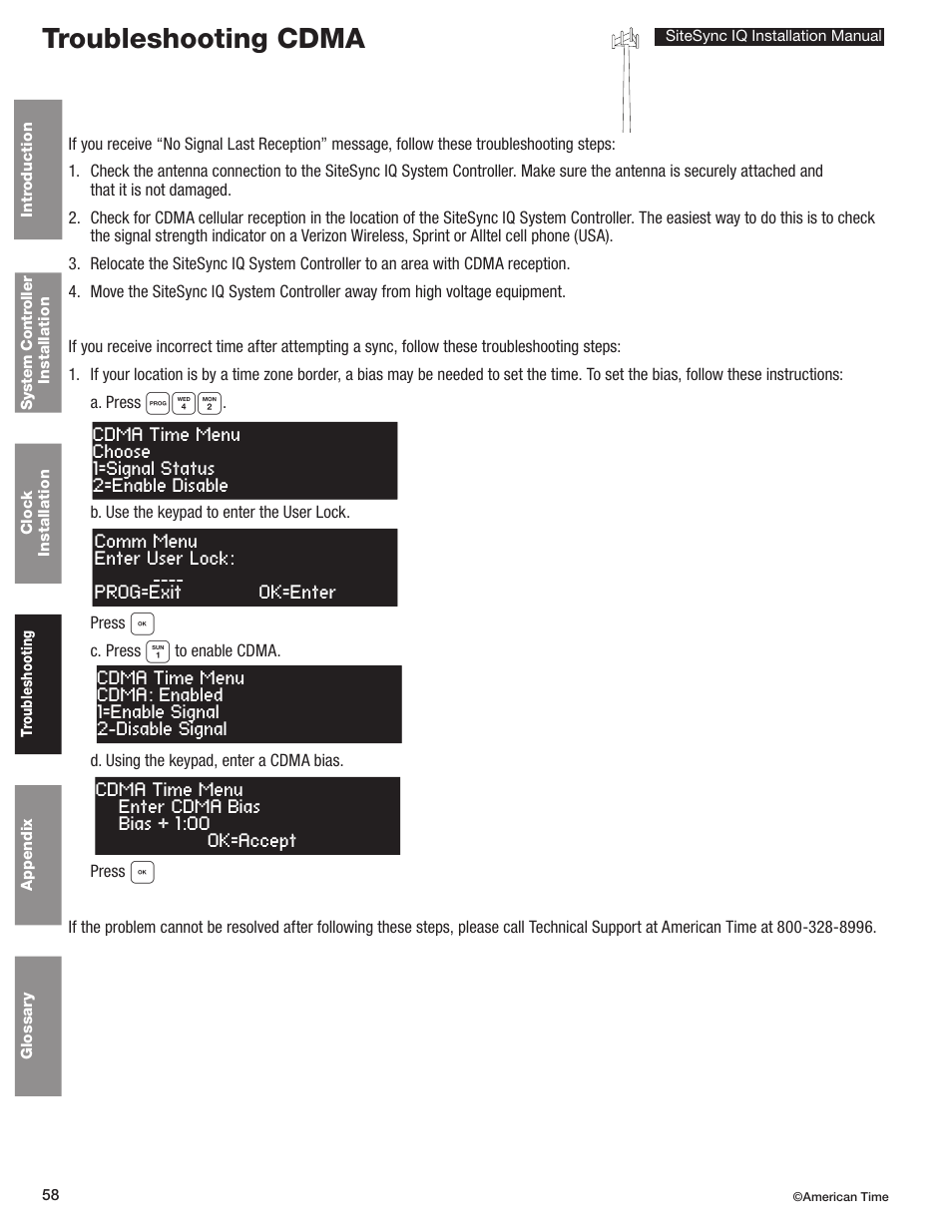 Cdma, Troubleshooting cdma | American Time SiteSync IQ User Manual | Page 58 / 81