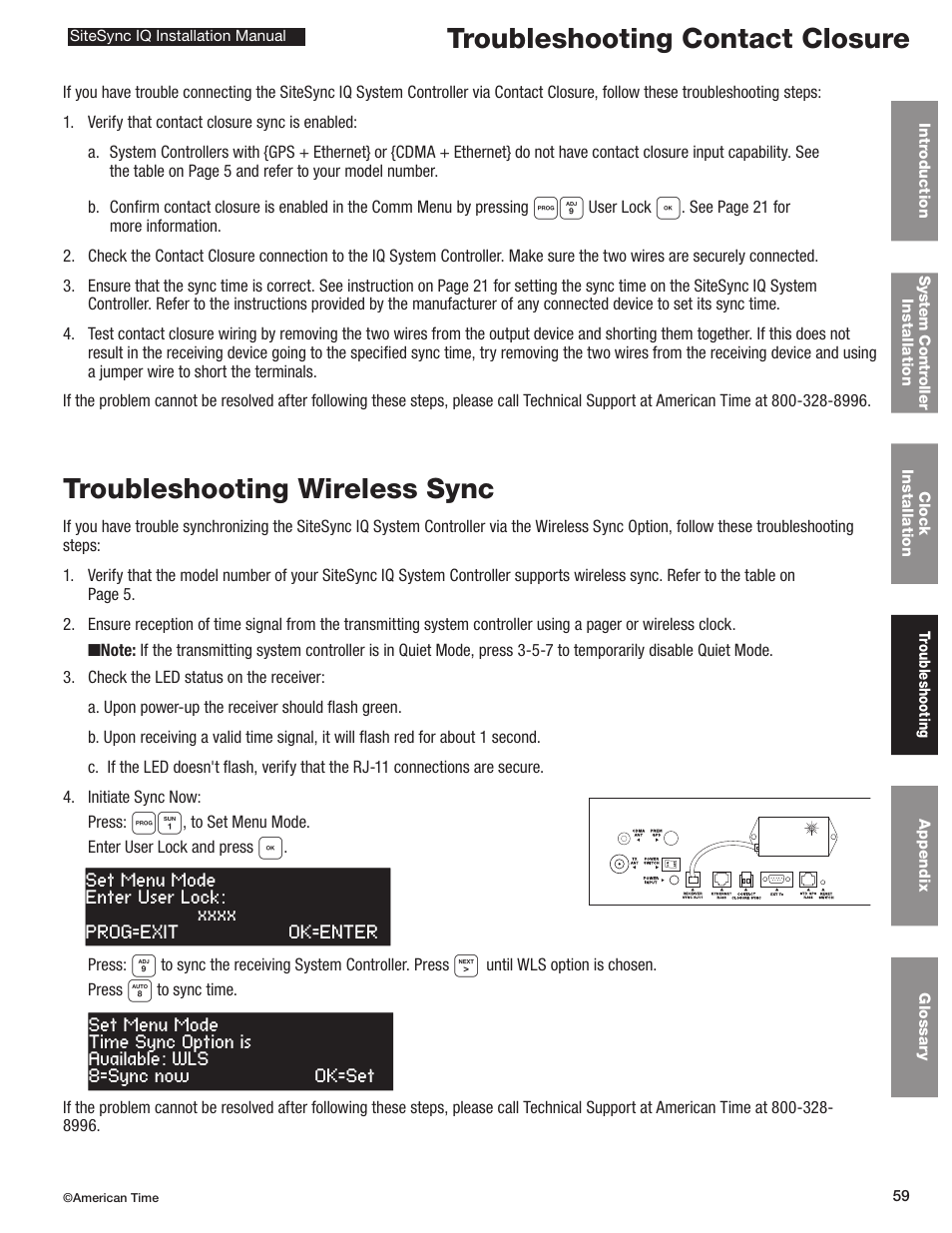 Contact closure, Troubleshooting contact closure, Troubleshooting wireless sync | American Time SiteSync IQ User Manual | Page 59 / 81