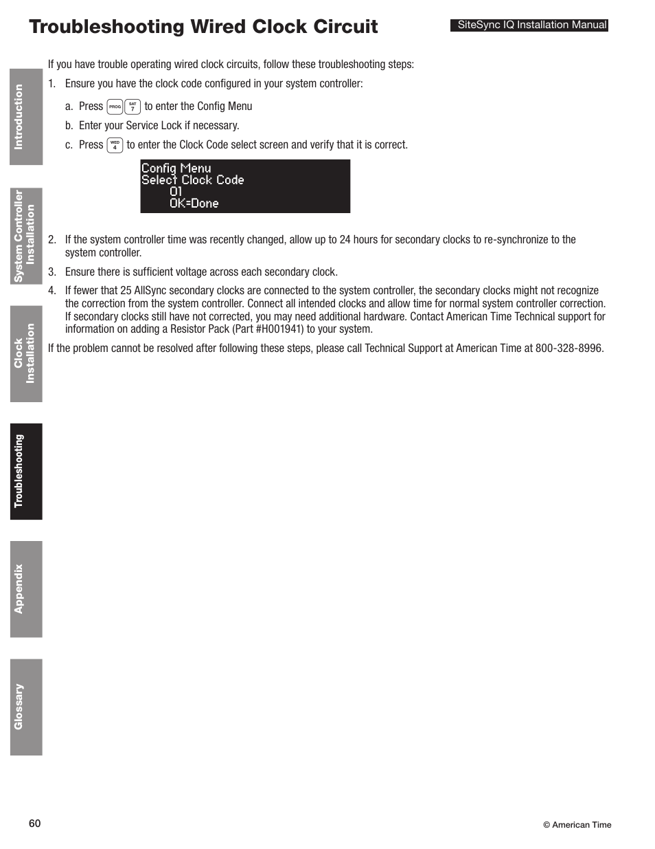 Wired clock circuit, Troubleshooting wired clock circuit | American Time SiteSync IQ User Manual | Page 60 / 81