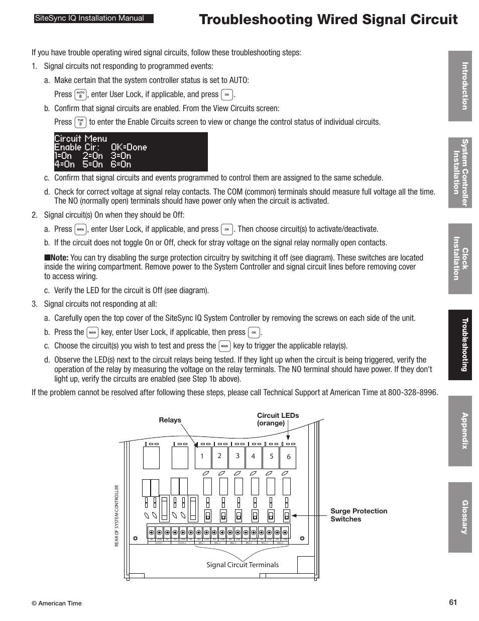 Wired signal circuit, Troubleshooting wired signal circuit, Enter user lock, if applicable, and press | Key, enter user lock, if applicable, then press | American Time SiteSync IQ User Manual | Page 61 / 81