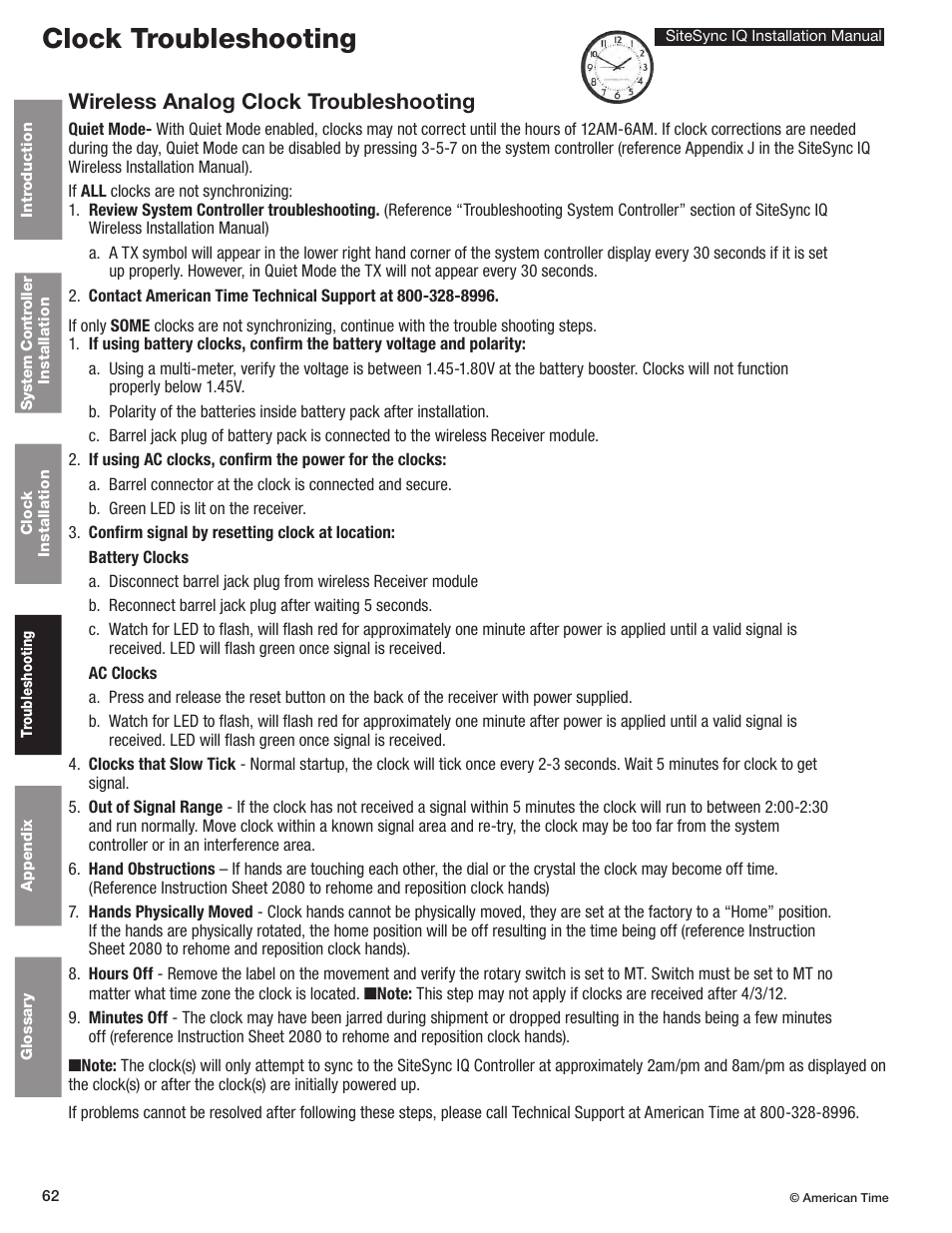 Analog clocks, Clock troubleshooting, Wireless analog clock troubleshooting | American Time SiteSync IQ User Manual | Page 62 / 81