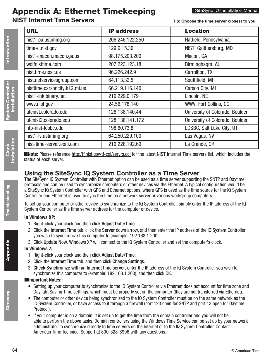 Appendix a: ethernet timekeeping servers, Appendix a: ethernet timekeeping, Nist internet time servers | American Time SiteSync IQ User Manual | Page 64 / 81