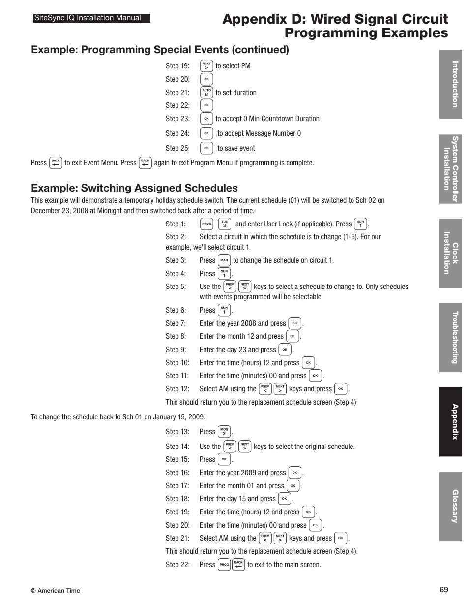 Example: switching assigned schedules, Example: programming special events (continued) | American Time SiteSync IQ User Manual | Page 69 / 81