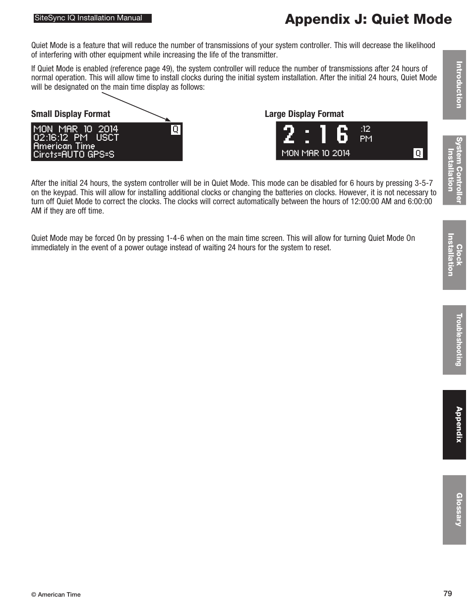 Appendix j: quiet mode | American Time SiteSync IQ User Manual | Page 79 / 81